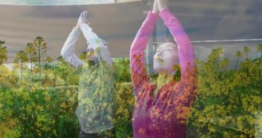 Yoga pratiği, çiçek animasyonu yapan insanlar sakin bir atmosfer yaratıyor. Sağlık, meditasyon, farkındalık, sükunet, egzersiz, huzur