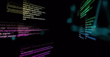 Kara ekranda kod animasyonu programlanıyor, yazılım geliştirme kavramlarını vurguluyor. Teknoloji, kodlama, dijital, yenilik, fütürist, veri