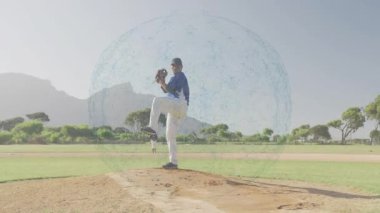 Beyzbol oyuncusu dijital ağ animasyonu ile sahada atış yapıyor. Spor, atlet, teknoloji, sanal, bağlantı, hareket