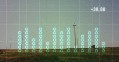 Alan enerjisi üreten rüzgar türbinlerine dijital veri animasyonu yükleniyor. Yenilenebilir, sürdürülebilir, yeşil, teknoloji, çevre, yenilik