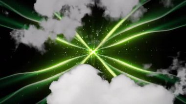 Bulutların ve yıldızlı arka planda parlayan yeşil ışık huzmelerinin canlandırması. Doğa, soyut, göksel, gece, parlayan, atmosferik