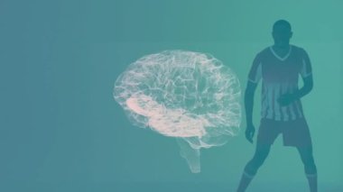 Spor kıyafetli bir insanın siluetinin üzerinde dijital beyin animasyonu. Teknoloji, yapay zeka, yenilik, atletizm, fütüristik, ilerleme
