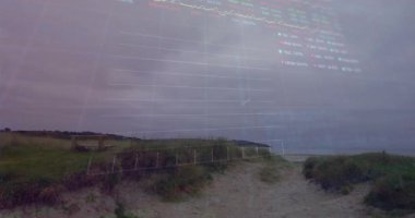 Çimenli kum tepecikleriyle kıyı manzarası üzerinde borsa veri animasyonu. Finans, hisse senedi ticareti, yatırım, ekonomi, dijital, doğa