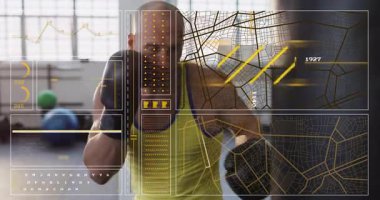 Fütürist veri örtüşmesi eğitimi, boksör modern spor salonunda pratik yapıyor. Boks, teknoloji, atlet, fitness, egzersiz, yenilik