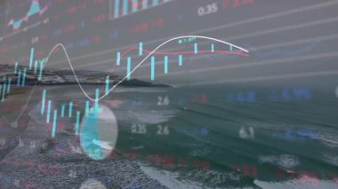 Kıyılardaki okyanus dalgalarını kaplayan finansal veri grafiklerinin canlandırılması. Finans, analitik, teknoloji, fintech