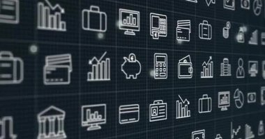 Animasyon elemanları ile dijital ızgarada finansal simgeler ve grafikler gösteriliyor. Finans, yatırım, borsa, ekonomi, veri, analitik