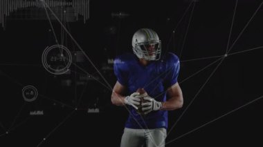 Futbol oynamak, veri işleme animasyonu olan oyuncu siyah arka planda. atlet, teknoloji, dijital, fütüristik, hareket, spor