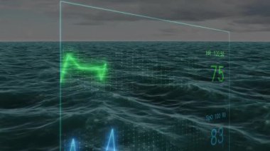 Bulutlu gökyüzünün altında okyanus dalgalarını kaplayan dijital grafiklerin animasyonu. Veri görselleştirme, teknoloji, analitik, okyanus bilimi, yenilik, finans