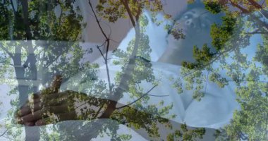 Ağaç dalları ve yaprakların animasyonu. Kapalı gözlerle dinlenen kişi. Doğa, sükunet, rahatlama, meditasyon, huzur, huzur