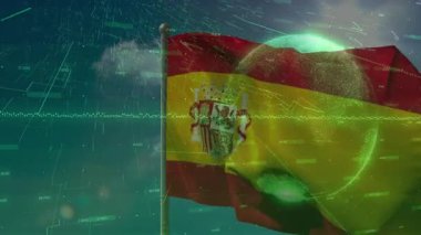 Arka planda dijital veri işleme animasyonu olan İspanyol bayrağı sallıyordu. Teknoloji, İspanya, ağ, fütüristik, soyut