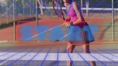 Tenis, START metin ve mavi ızgara animasyon kaplama sporcusu. spor, rekabet, aktif, hareket, grafik, enerji