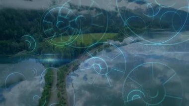 Dişlileri ve mekanik tasarımları dingin göl manzarası üzerinde canlandırmak. Teknoloji, yenilik, mühendislik, animasyon, yan yana gelme, yaratıcılık