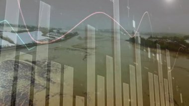 Nehir ve manzara animasyonunun havadan görünüşü ile ilgili finansal veri tabloları örtüşüyor. Maliye, ekonomi, akış, analitik, doğa