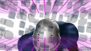 Dijital ızgarası ve küp animasyonu olan mavi üniformalı bir futbolcu. Futbol, atlet, teknoloji, sanal, spor, hareket