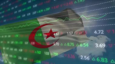 Cezayir bayrağını kaplayan animasyon, borsa verilerini finansal grafiklerle gösteriyor. Maliye, yatırım, ekonomi, veri analizi, ticaret, büyüme