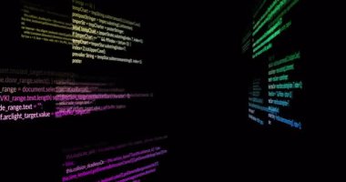 Dijital kod ve veri işleme animasyonu parlayan düğümlerle ızgaranın üzerinde. Teknoloji, ağ, fütüristik, siber güvenlik