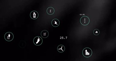 Bulanık arkaplan üzerinde çeşitli simgeler ve sayısal verilerle soyut animasyon. dijital, fütürist, teknoloji