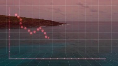 Gün batımında kıyı manzarasında dalgalanan verilerin animasyonu. Analizler, veri görselleştirme, bilgi, istatistik, kıyı şeridi, teknoloji