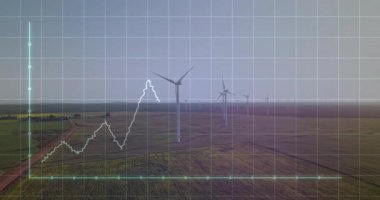 Açık arazide rüzgar türbinleri üzerinde grafik çizgisi animasyonu. Yenilenebilir, enerji, sürdürülebilirlik, çevre dostu, rüzgar gücü, teknoloji