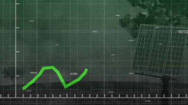 Güneş paneli üzerinde ağaç siluetiyle dalgalanan yeşil grafik çizgisi animasyonu. Yenilenebilir enerji, çevre, sürdürülebilirlik, büyüme, teknoloji