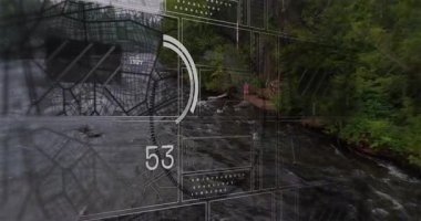 Nehir ve orman manzarasının hava görüntüsü üzerinden veri işleme animasyonu. Teknoloji, dijital, analitik, çevre, doğa