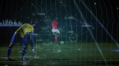 Futbol topunu tekmelemek, okuldaki dijital veri ve grafiklerin animasyonuyla oynamak. spor, analitik, teknoloji, analiz, eğitim