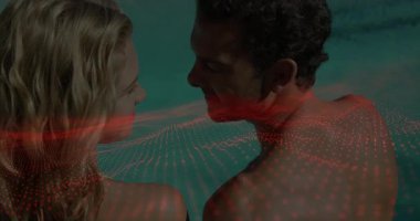 Kırmızı dijital dalga animasyonu ile kucaklaşan çift romantik ortamda yer alıyor. Aşk, aşk, teknoloji, bağlantı, fütürist