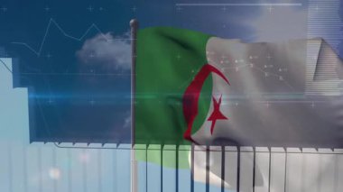 Finansal veri tabloları ve grafikler üzerinde dalgalanan Cezayir bayrağı. Finans, ekonomi, yatırım, analiz, iş, büyüme