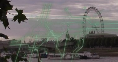 Dönme dolap ve nehir ile Londra üzerinde dijital devre animasyonu. Teknoloji, yenilik, bağlantı, şehir, fütüristik, mimari