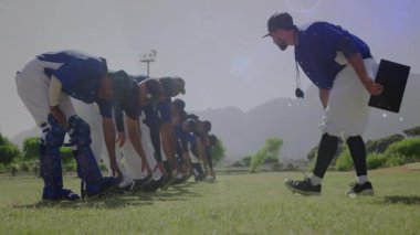 Beyzbol oyuncuları olay yerinde veri işleme animasyonuyla sahada geriliyorlar. Spor, sporcular, takım çalışması, teknoloji, hareket grafikleri, egzersiz