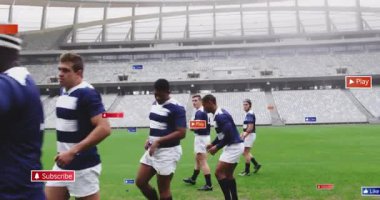 Rugby oyuncuları Play and Abone gibi dijital tuşların animasyonuyla sahada. Spor, takım çalışması, rekabet, teknoloji, etkileşimli, promosyon