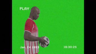 Futbol topu tutuyor, kırmızı çizgili formalı insan retro-stil animasyonda. Spor, vintage, atletizm, takım, eğlence, oyuncu