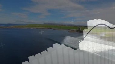 Kıyı manzarasının havadan görüntüsü üzerinde grafik ve veri işleme animasyonu. teknoloji, istatistik, analiz, görselleştirme