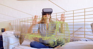 VR kulaklık takan bir kadının üzerine 3 boyutlu bir kamyon çizimi. teknoloji, tasarım ve dijital arayüz kavramı dijital olarak oluşturulmuş görüntü.