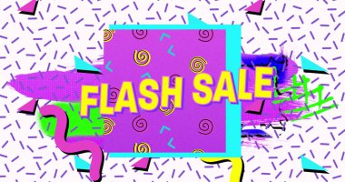 Parlak renkli retro desenli sarı harflerle satılan metin resmi. alışveriş, perakende ve tasarruf konsepti dijital olarak oluşturulmuş görüntü.