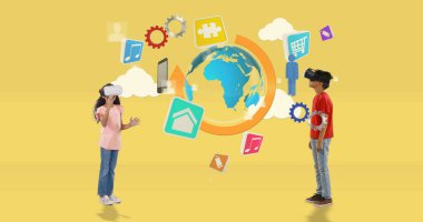 Sanal dünyayı dijital simgelerle çevrili VR kulaklıklar kullanarak keşfeden çocuklar. Teknoloji, sanal gerçeklik, yenilik, oyun, keşif, fütüristik