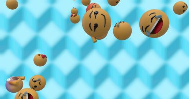 Image of social media emoji icons flying over patterned blue background. global social media, connections, communication and technology concept digitally generated image.