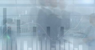 Ofiste yürüyen iş adamlarının finansal veri işleme görüntüsü. küresel finans, iş ve dijital arayüz kavramı dijital olarak oluşturulmuş görüntü.