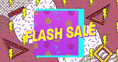 Parlak renkli retro desenli sarı harflerle satılan metin resmi. alışveriş, perakende ve tasarruf konsepti dijital olarak oluşturulmuş görüntü.