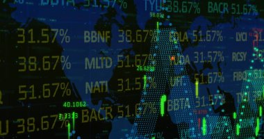 İstatistiklerin ve sayıların resmi, dünya haritası üzerinde finansal veri işleme. küresel finansman, iş dünyası, dijital arayüz ve dijital olarak üretilen görüntü konsepti.