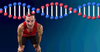 Erkek sporcunun dinlenme yerindeki DNA ipliği. global spor, fitness ve veri işleme konsepti dijital olarak oluşturulmuş görüntü.