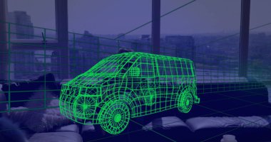 Evde VR kulaklık takan bir adamın üzerine 3 boyutlu teknik bir minibüs çizimi. teknoloji, tasarım ve dijital arayüz kavramı dijital olarak oluşturulmuş görüntü.