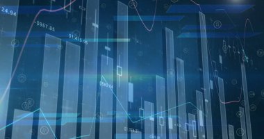 Image of statistics and data processing on blue background. global business, digital interface and technology concept digitally generated image.