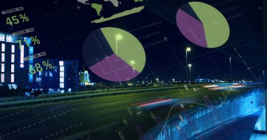 Şehir manzarası üzerindeki istatistiklerin resmi. business, data işleme, bağlantı, teknoloji ve dijital arayüz kavramı dijital olarak oluşturuldu.