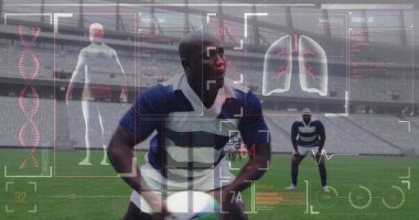 Ragbi oyuncuları üzerinde tıbbi veri işleme ile dijital arayüz görüntüsü. tıbbi araştırma teknolojisi ve spor konsepti dijital olarak oluşturulmuş görüntü.