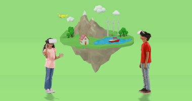 Okulda, VR kulaklık takan çocuklar sınıfta dijital macerayı keşfediyorlar. Teknoloji, sanal gerçeklik, eğitim, öğrenme, yenilik, keşif