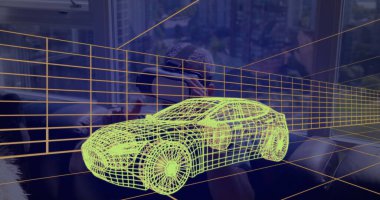 Evde VR kulaklık takan bir adamın üzerine üç boyutlu teknik bir araba çizimi. teknoloji, tasarım ve dijital arayüz kavramı dijital olarak oluşturulmuş görüntü.