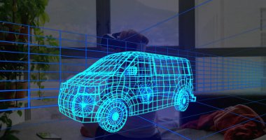 Evde VR kulaklık takan bir kadının üzerine 3 boyutlu teknik bir minibüs çizimi. teknoloji, tasarım ve dijital arayüz kavramı dijital olarak oluşturulmuş görüntü.