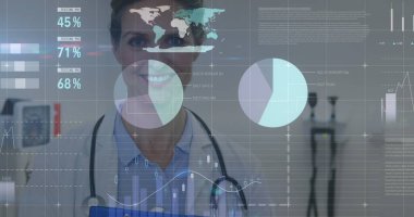 Kadın doktorların istatistik ve veri işleme görüntüleri. küresel tıp, sağlık hizmetleri, dijital arayüz ve teknoloji konsepti dijital olarak oluşturulmuş görüntü.