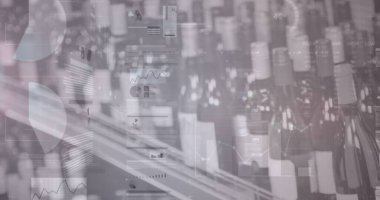 Dükkandaki raflarda istatistik ve veri işleme resimleri. küresel alışveriş, iş, dijital arayüz, teknoloji ve ağ konsepti dijital olarak oluşturulmuş görüntü.